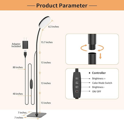 Floor Lamp, [3 Color & 10 Brightness] Small Slim LED Reading Lamp Floor Standing, Dimmable Adjustable Flexible Gooseneck Light for Kids Bedroom, Office, Living Room, Corner Bedside Lamp - LeafyLoom