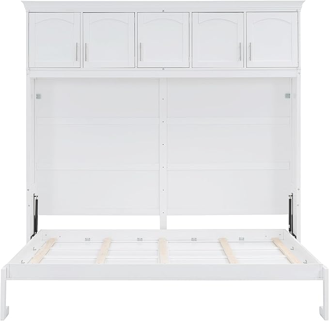 Merax, White Modern Farmhouse Solid Murphy Chest with Top, Tall Wall Platform Bed Space Saving/Wood Slat Support, Full W/Cabinets - LeafyLoom