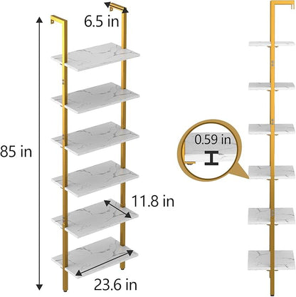 Ladder Shelf 6 Tiers Marble White Modern Bookshelf Open Tall Wall Mount Bookcase Standing Leaning Wall Shelves Industrial Decorative Living Room Bed Room - LeafyLoom