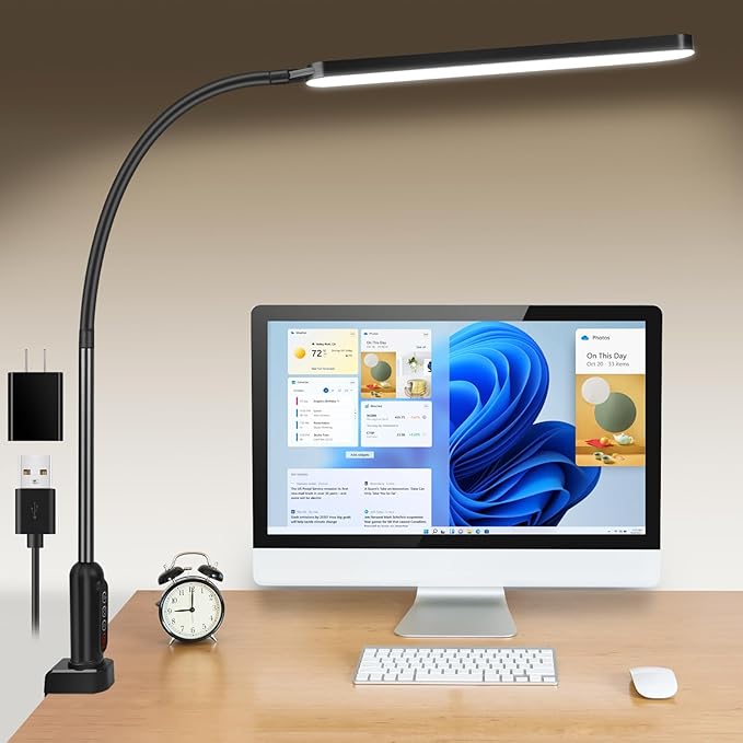 LED Desk Lamp with Clamp, Super Bright Desk Light with 11 Brightness, 5 Color Modes, Flexible Gooseneck Clip on Table Light, Eye-Caring Architect Task Desk Lamps for Home Office Study Reading - LeafyLoom