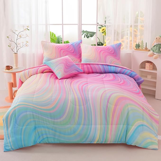 Girls Full Bedding Sets, 6 Pcs Pink Full Szie Comforter Set with Sheets, Tie Dye Superior Blue Pink Rainbow Bedding Set for Girls Kids - LeafyLoom