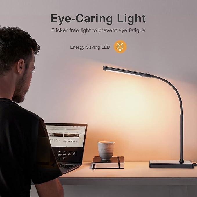 KEXIN LED Desk Lamp Touch Control Desk Lamp with USB Charging Port 5 Color Modes 6 Brightness Levels Dimmable Eye-caring Office Lamp with Memory Function 1h Timer Adjustable Gooseneck Table Lamp Black - LeafyLoom