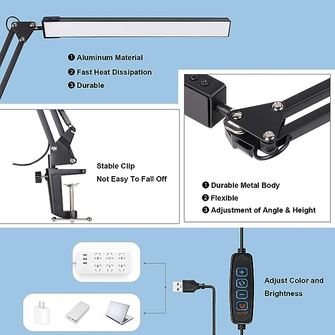 LED Desk Lamp for Home,Office,Reading,Adjustable Eye-Caring Desk Light with Clamp,Swing Arm Lamp Includes 3 Color Modes,10 Brightness Levels Table Lamps with Memory Function - LeafyLoom