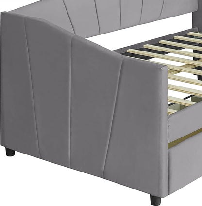 Twin Size Upholstered Daybed with Two Drawers, Wood Slat Support Sofa Bed with Armrest, No Box Spring Needed, Easy to Assemble, for Studio, Bedroom, Living, Guest Room, Gray - LeafyLoom