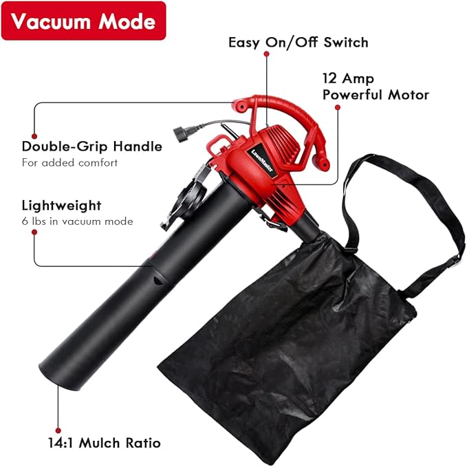 LawnMaster Red Edition BV1210 1201 Electric Blower Vacuum Mulcher 12 Amp 2-Speed Adjustment with Metal Impeller 240 MPH 380 CFM 14:1 Mulch Ratio - LeafyLoom