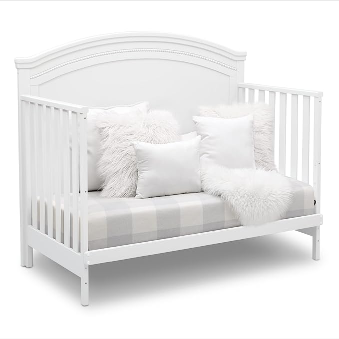 Delta Children Simmons Kids SlumberTime Emma 4-in-1 Convertible Baby Crib N More - Greenguard Gold Certified, Bianca White - LeafyLoom