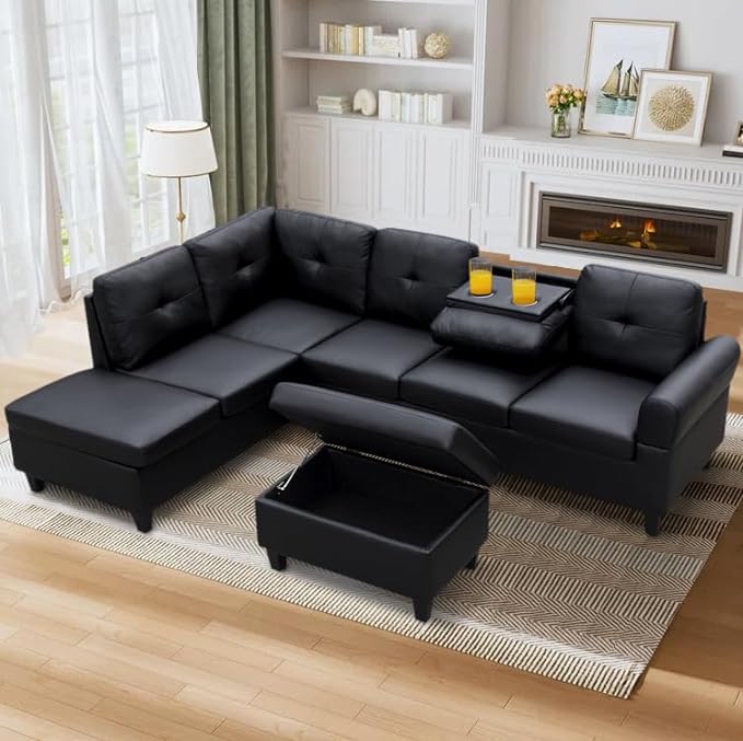 Sectional Couch L Shaped Sofa with Storage Ottoman, Cup Holders, Modern Upholstered Corner Couch&Sofa with Chaise Lounge for Living Room Furniture Sets, Black pu - LeafyLoom