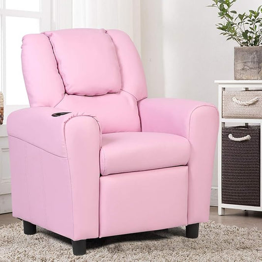 ARLIME Kids Recliner chair, toddler Armchair Upholstered Couch with Cup Holder, Backrest, baby Leather sofa with Headrest and Footrest, Child Furniture for Ages 2-7(Pink) - LeafyLoom