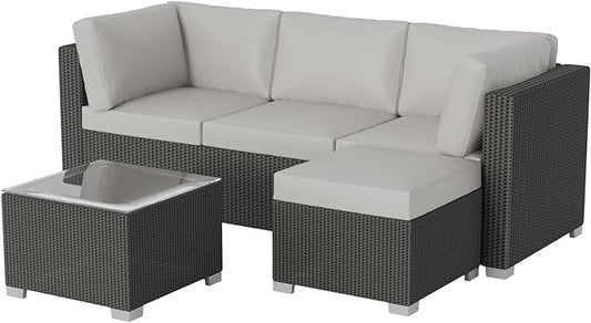 GAOMON 5-Piece Outdoor Patio Rattan Wicker Sofa Set, Pe Rattan Conversation Sectional with Thickened Back Cushion, Glass Tabletop, Ottoman - Ideal for Courtyard Space, Light-grey - LeafyLoom