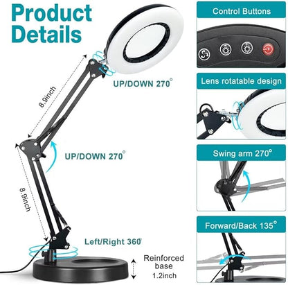 10X15X Magnifying Glass with Light and Stand 2-in-1Magnifying Lamp-5 Color Modes Stepless Dimmable Real Glass Lighted Magnifier-Hands Free Desk Magnifying Glass with Light for Work Reading Maintenance - LeafyLoom