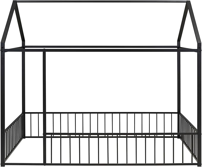 RITSU Full Size Montessori Floor Bed, Metal House Bedframe with Fence, Robust Construction is Used, for Children'S Rooms, Boys Girls, No Box Spring Needed, Easy Assembly, Black - LeafyLoom