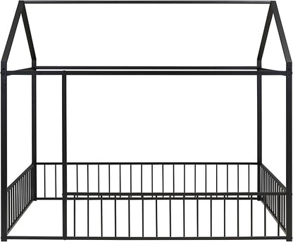 RITSU Full Size Montessori Floor Bed, Metal House Bedframe with Fence, Robust Construction is Used, for Children'S Rooms, Boys Girls, No Box Spring Needed, Easy Assembly, Black - LeafyLoom