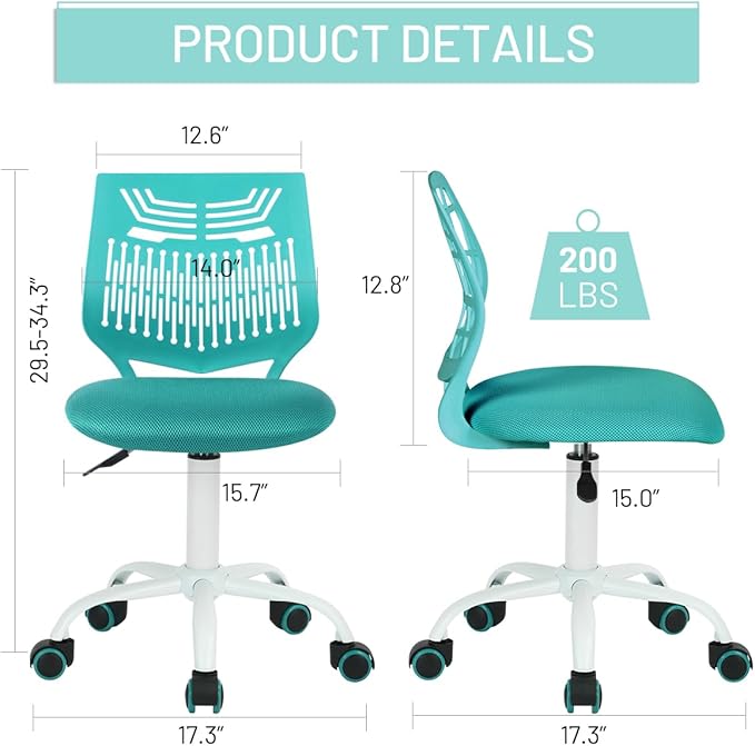 FurnitureR Desk Chair Armless Home Office Task Chair with Mesh Padded Cushion Swivel Study Chair with Rolling Wheels for Kids Teens Children, Turquoise - LeafyLoom