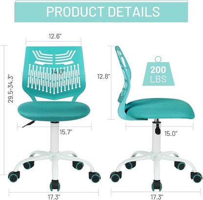 FurnitureR Desk Chair Armless Home Office Task Chair with Mesh Padded Cushion Swivel Study Chair with Rolling Wheels for Kids Teens Children, Turquoise - LeafyLoom