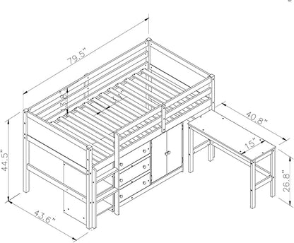 Twin Size Low Loft Bed with Pull-Out Desk, Drawers, Cabinet, and Shelves, for Kids Boys Girls Bedroom, White - LeafyLoom