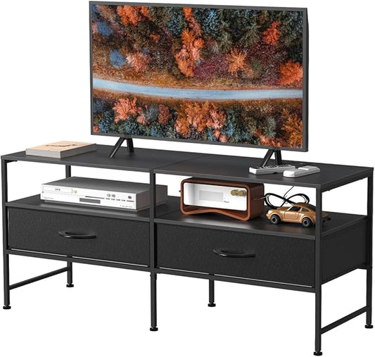 HEOMU Industrial TV Stand for 50 Inch Television Cabinet 3-Tier Console Table with Fabric Drawer, Entertainment Center Media Console Metal Frame for Living Room, Bedroom, Black - LeafyLoom