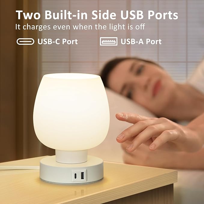 Touch Bedside Table Lamp - Small Lamp for Bedroom with USB C+A Charging Ports 3 Way Dimmable, Nightstand Desk lamp with White Opal Glass Lamp Shade Warm LED Bulb Included, Simple Design Gifts - LeafyLoom