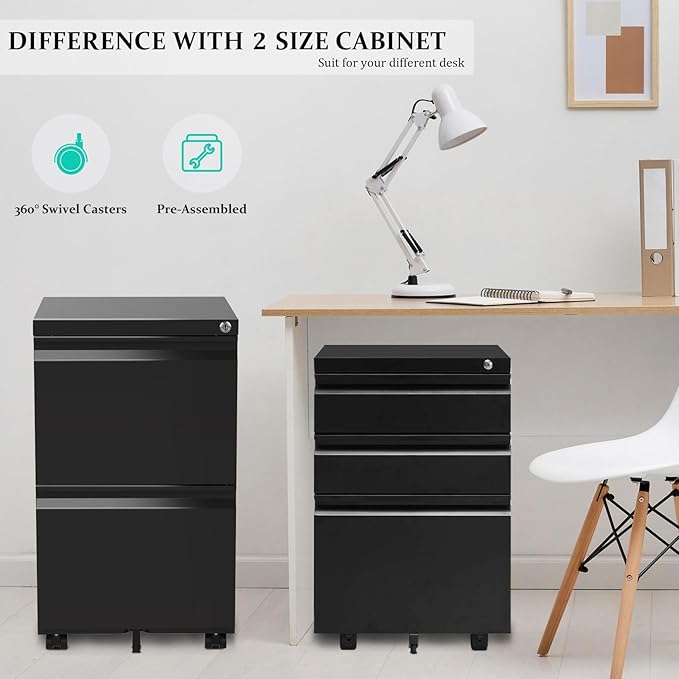 2-Drawer Mobile File Cabinets Rolling Metal Filing Cabinet for Legal & Letter File Anti-tilt Design with Lock Under Desk Office Drawers Fully Assembled Except Casters Black - LeafyLoom