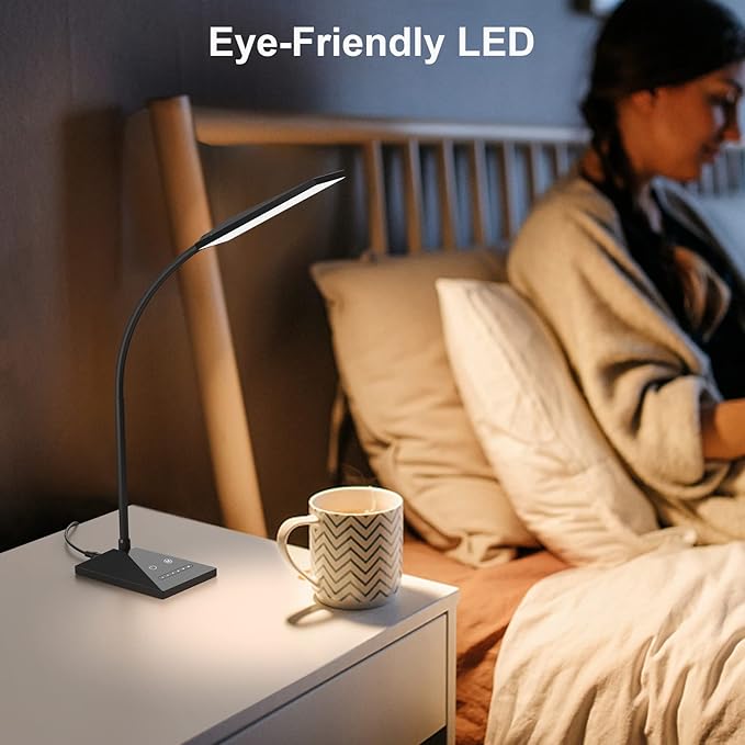 LED Desk Lamp Eye-Caring Table Lamps with USB Charging Port,7 Brightness Levels & 5 Color Modes,Touch Control and Memory Function, Flexible Gooseneck Reading Lamp for Home Office, Black - LeafyLoom