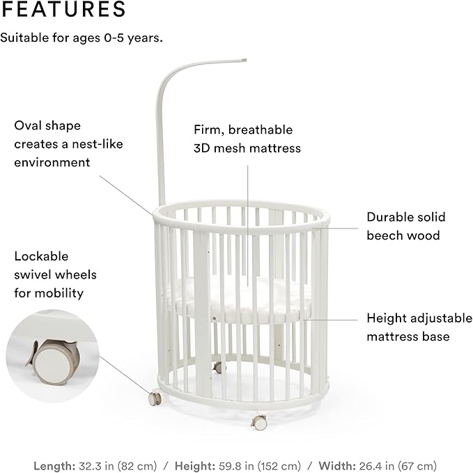 Stokke Sleepi Mini Bundle, White - includes Crib/Bed, Mattress & Drape Rod - Suitable for Ages 0-5 Years Old - Adjustable & Stylish - LeafyLoom