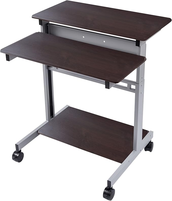 Stand Up Desk Store Rolling Adjustable Height Two Tier Standing Desk Computer Workstation (Silver Frame/Dark Walnut Top, 32" Wide) - LeafyLoom