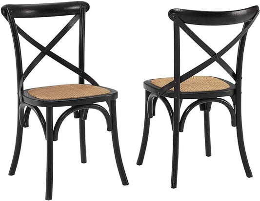 Modway Gear Rustic Modern Farmhouse Elm Wood Rattan Two Dining Chairs in Black - LeafyLoom