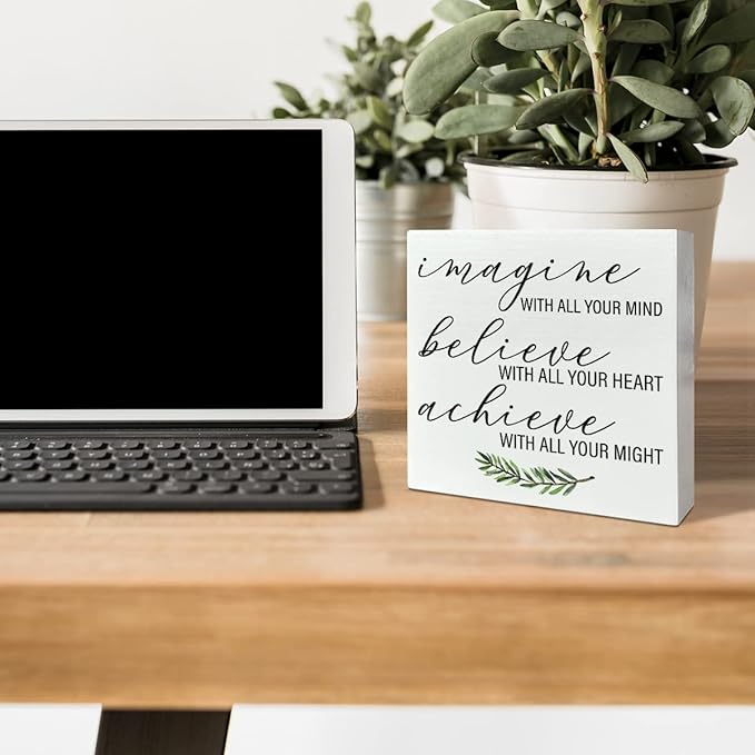 Home Office Desk Wooden Box Sign Decor, Imagine with All Your Mind, Inspirational Quotes Desk Decor Motivational Desk Decorations for Women Men Student Office Classroom School - LeafyLoom