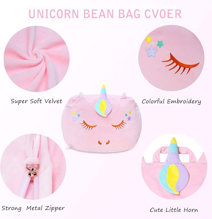 Unicorn Stuffed Animal Toy Storage, Kids Bean Bag Chair COVER ONLY, Velvet Extra Soft Stuffed Organization Replace Mesh Toy Hammock for Kids Blankets Towels Clothes Home Supplies Pink - LeafyLoom