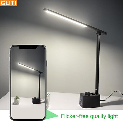 LED Office Desk Lamp, 630 Lumens Bright Table Lamp with Clock Display.A+C USB Fast Charging Charging Port, Desk Light for Office, Industrial Painting, Crafts (with Adapter) - LeafyLoom