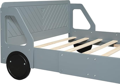 Full Size Car-Shaped Bed Frame for Kids,Wooden Platform Bed with Wheels and Side Rails for for Boys Girls,Wood Slat Supports,No Box Spring Needed,Gray - LeafyLoom