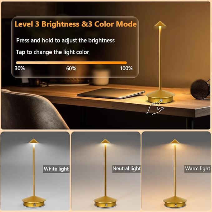 Portable LED Table Lamp with Touch Sensor, 3-Levels Brightness Metal Desk Lamp, 3 Color Touch Control Rechargeable Lamp, Night Light, Bedside Lamp,Dining Room Lamp (Gold) - LeafyLoom