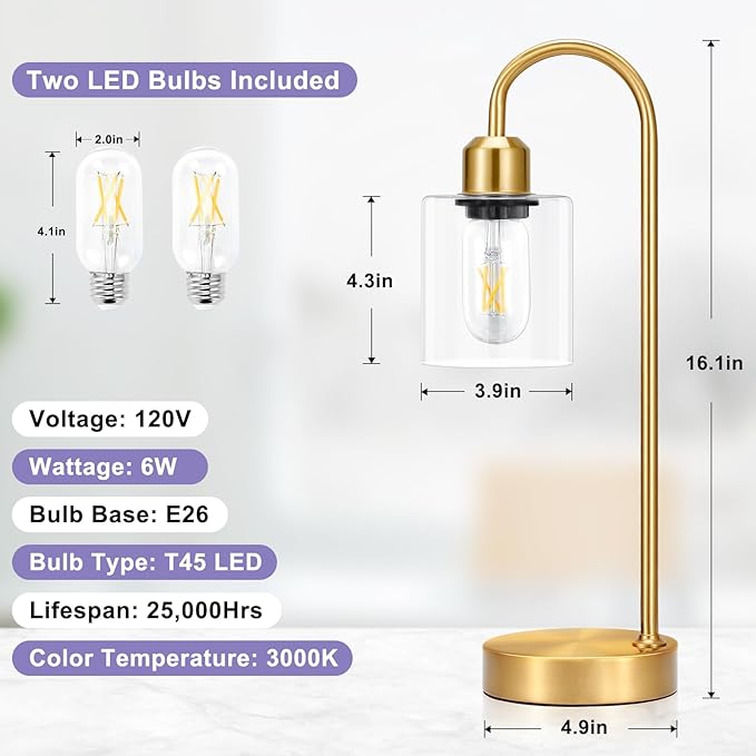 Innqoo Gold Industrial Touch Table Lamps for Bedrooms Set of 2-3-Way Dimmable Nightstand Lamps with USB C+A Ports and Outlet, Gold Bedside Lamps with Glass Shade, Desk Lamps for Home Office - LeafyLoom