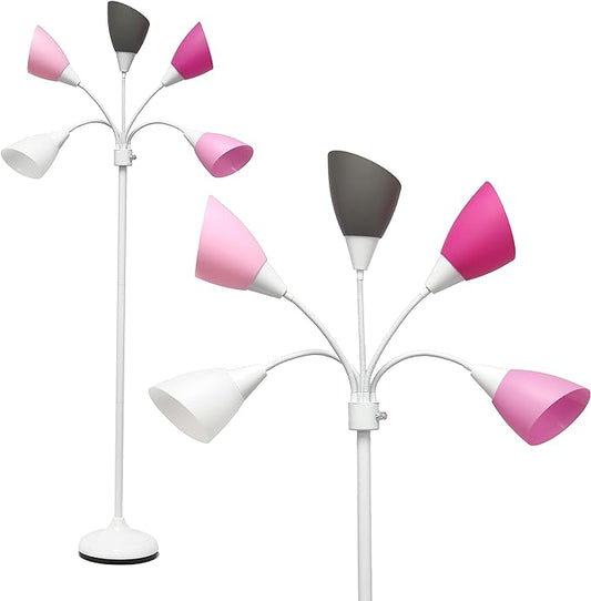 Simple Designs LF2006-WPG 67" Contemporary Multi Head Medusa 5 Light Adjustable Gooseneck White Floor Lamp with Pink, White, Gray Shades for Kids Bedroom Playroom Living Room Office, 30 x 10 x 67 - LeafyLoom