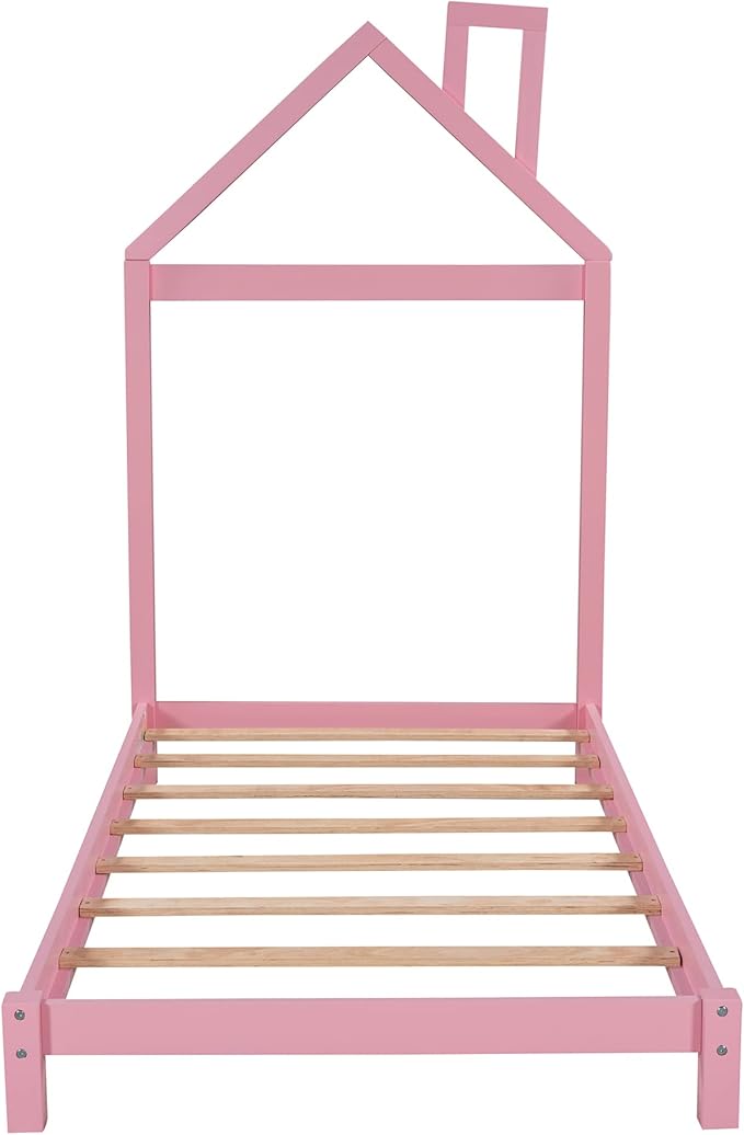 Jintop Twin Size Wood Platform Chimney and House-Shaped Headboard,Bedroom Furniture Bed Frame W/ 10 Slat Support,Easy to Install,for Teens Kids Girls Boys,Pink - LeafyLoom