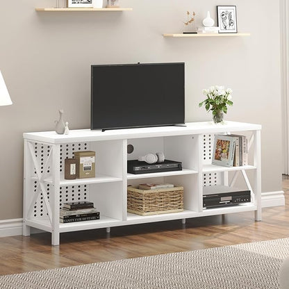 LVB White TV Stand for 75 Inch TV, Large Industrial Wood Entertainment Center with Storage Cabinet, Long Modern Metal Television Stands Console Table for Home Living Room Bedroom, White Oak, 63 Inch - LeafyLoom