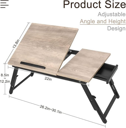 Bamboo Laptop Desk Bed Tray Table Adjustable Table for Computer Tilting Top Foldable Leg with Drawer - LeafyLoom