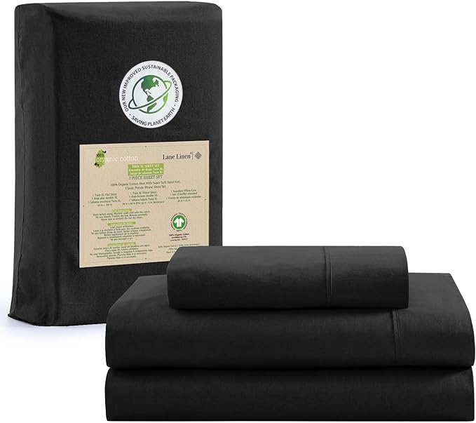 LANE LINEN 100% Organic Cotton Twin XL Sheets Set, 3-Piece Pure Organic Cotton Percale Sheets, Cotton Bedsheets, Ultra Soft Bedding Sheets, Breathable, Fits Mattress Upto 15" Deep - Black - LeafyLoom