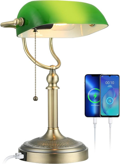 Newrays Green Glass Bankers Desk Lamp with Pull Chain Switch Plug in Fixture,USB Fast Charging Port - LeafyLoom