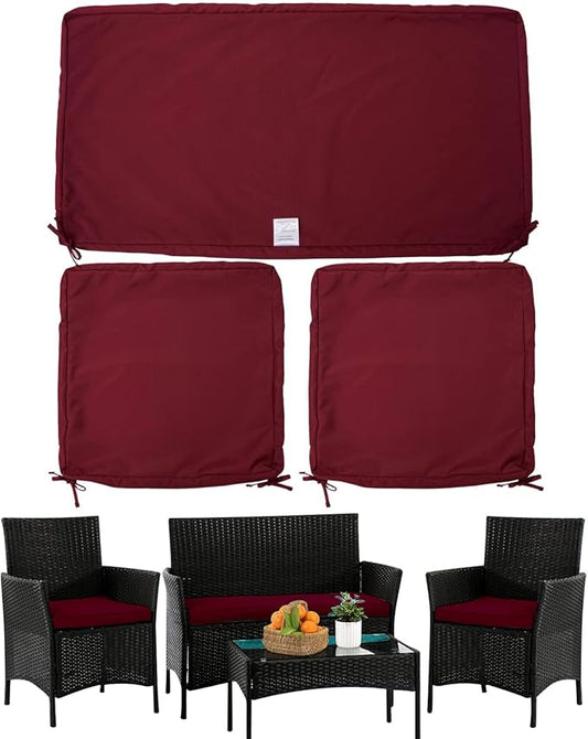 ClawsCover 3Pack Outdoor Seat Cushions Replacement Covers Fit for 4 Pieces Wicker Rattan Furniture Patio Conversation Set Loveseat Chair,38x19x2,19x19x2,Burgundy-Large (Include Cover Only) - LeafyLoom