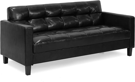 Furinno Brive Contemporary Tufted Faux Leather 3-Seater Sofa Couch for Living Room, Black Faux Leather - LeafyLoom