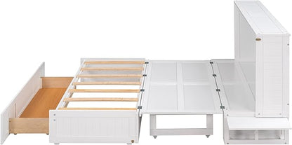 Murphy Cabinet Bed Queen Size with Drawer and Little Shelves on Each Side, can be Foldable/Space Saving, Wooden Low Bedframe for Bedroom/Apartment, White - LeafyLoom