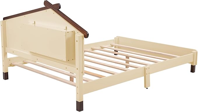 Bellemave Full Size Platform Bed with House-Shaped Headboard and Motion Activated Night Lights,Wood Full Kids Bed Frame for Teens, Girls,Boys(Full,Cream) - LeafyLoom