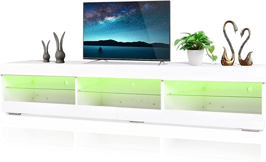 HOUAGI LED TV Stand for 50/55/65/70/75 Inch TV,Modern Entertainment Center TV Console Table with Storage Drawer and Glass shelf for Living room,Bedroom,White - LeafyLoom