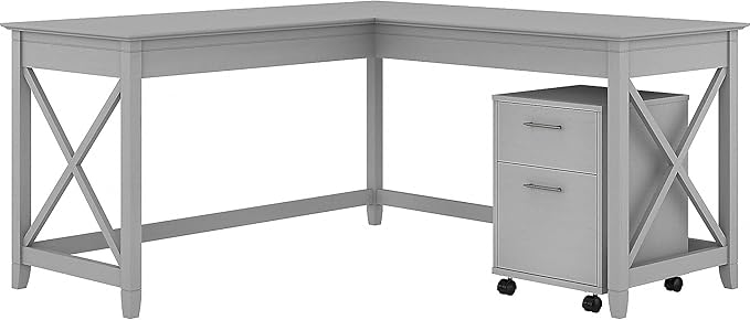 Bush Furniture Key West 60W L Shaped Desk with 2 Drawer Mobile File Cabinet in Cape Cod Gray - LeafyLoom