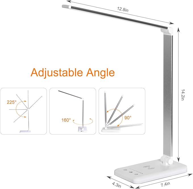 LED Desk Lamp with Wireless Charger,Eye-Caring Table Lamps,Stepless Dimmable Office Lamp with USB Charging Port,Touch/Memory/Timer Function,25 Brightness Lighting,Foldable Lamp - LeafyLoom