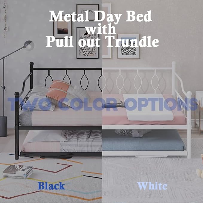 Full Daybed with Trundle, Metal Day Bed with Pull Out Trundle, Sofa Bed with Twin Size Portable Folding Trundle, Bed Frame for Bedroom, Living Room, Guest Room, Home, No Box Spring Needed, White - LeafyLoom