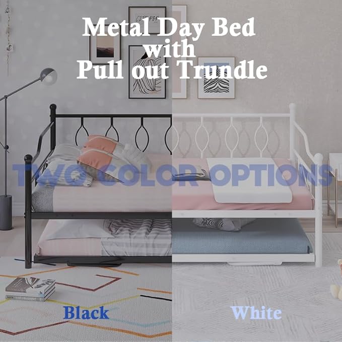 Full Daybed with Trundle, Metal Day Bed with Pull Out Trundle, Sofa Bed with Twin Size Portable Folding Trundle, Bed Frame for Bedroom, Living Room, Guest Room, Home, No Box Spring Needed, Black - LeafyLoom