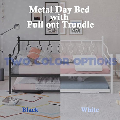 Full Daybed with Trundle, Metal Day Bed with Pull Out Trundle, Sofa Bed with Twin Size Portable Folding Trundle, Bed Frame for Bedroom, Living Room, Guest Room, Home, No Box Spring Needed, Black - LeafyLoom