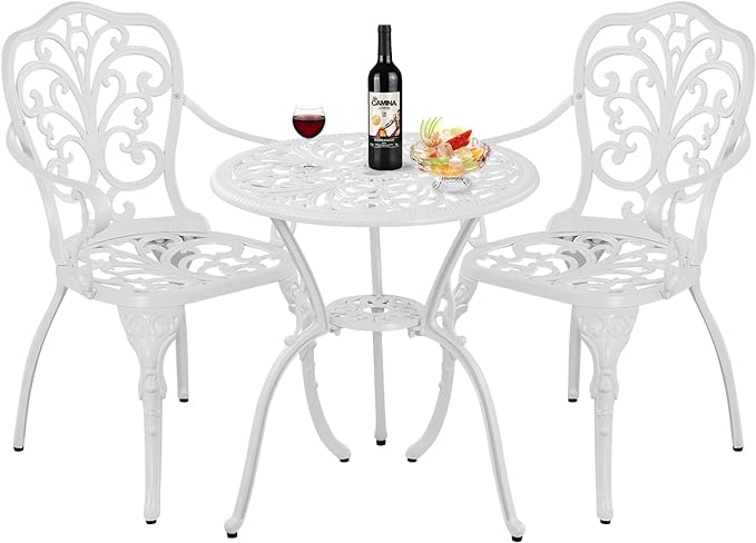 Patio Bistro Sets 3 Piece,Cast Aluminum Bistro Table and Chairs Set of 2 with 1.97" Umbrella Hole,All Weather Bistro Table Set Outdoor Patio Furniture for Garden,Yard(Butterfly White) - LeafyLoom