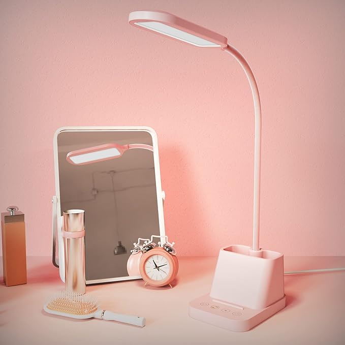 AXX Pink Desk Lamp for Kids, Cute Desk Light for Bedrooms, Kawaii Study Lamp with USB Charging Port - Small, LED, 650LM - Room College Dorm Essentials, Office Accessories for Women Teen Girls - LeafyLoom